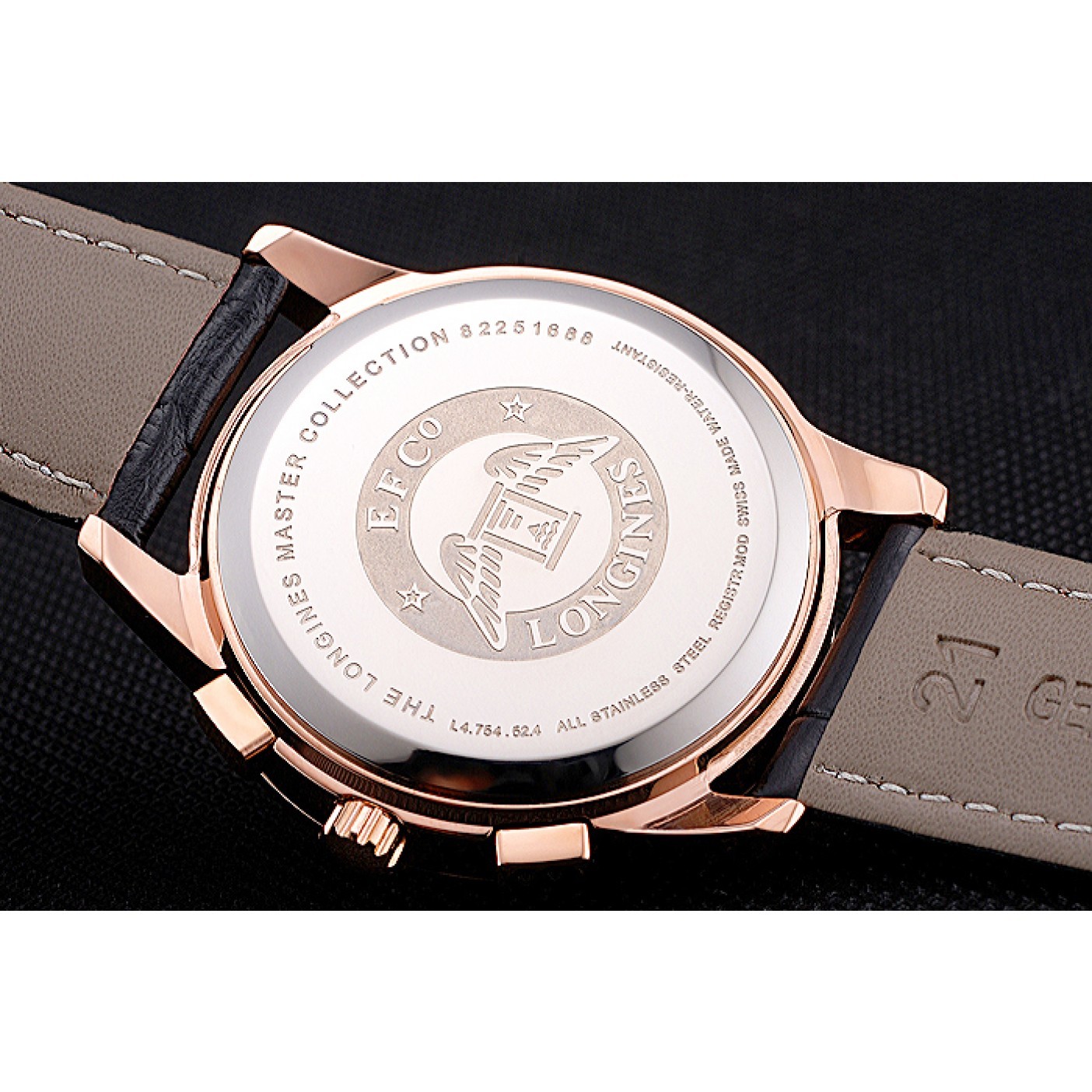 MiroTime Longines Column Wheel Black Dial Gold Case Black Leather Strap