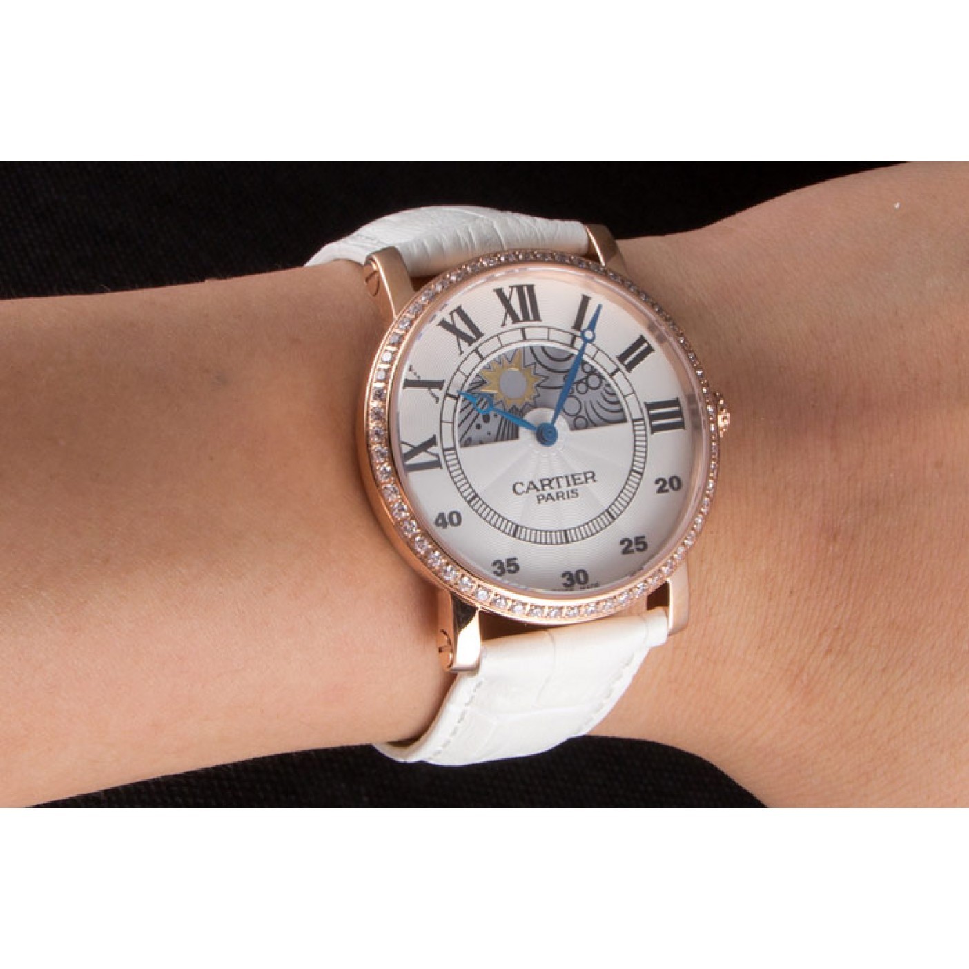 MiroTime Cartier Moonphase Rose Gold Watch with White Leather Band ct254 621373