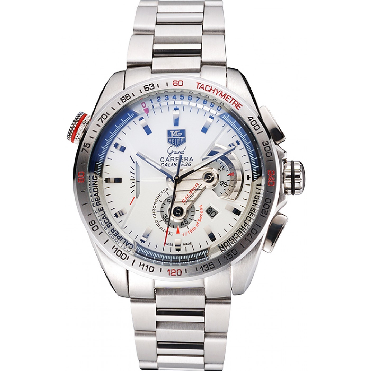 MiroTime Tag Heuer Carrera Tachymeter Bezel White Dial Stainless Steel Strap