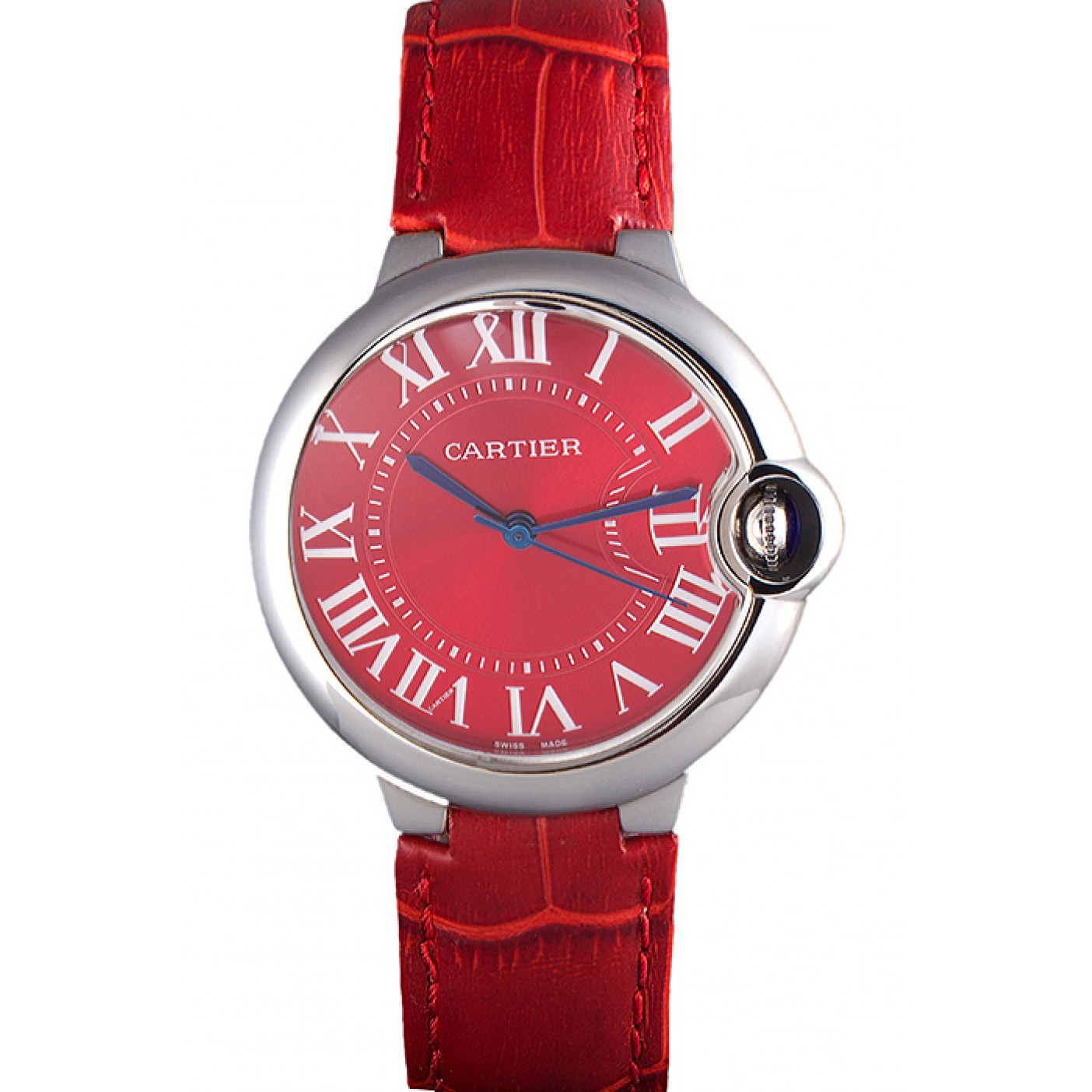 MiroTime Cartier Ballon Bleu Silver Bezel with Red Dial and Red Leather Band 621556
