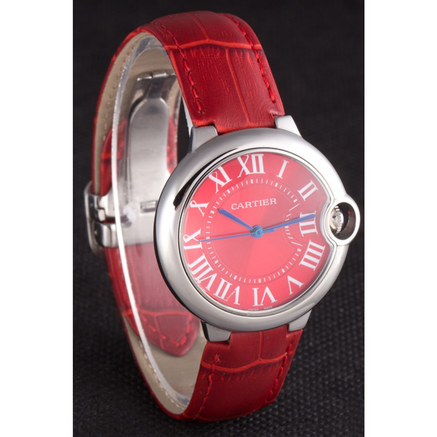 MiroTime Cartier Ballon Bleu Silver Bezel with Red Dial and Red Leather Band 621556