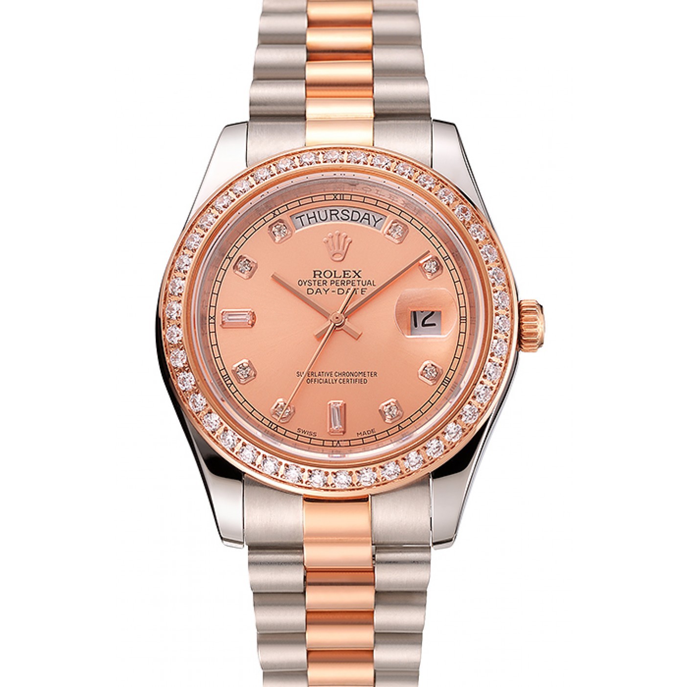 MiroTime Swiss Rolex Day-Date Diamonds Bezel Rose Gold And Staineless Steel Bracelet 1454107