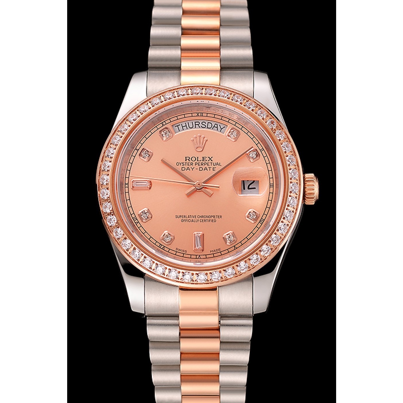 MiroTime Swiss Rolex Day-Date Diamonds Bezel Rose Gold And Staineless Steel Bracelet 1454107
