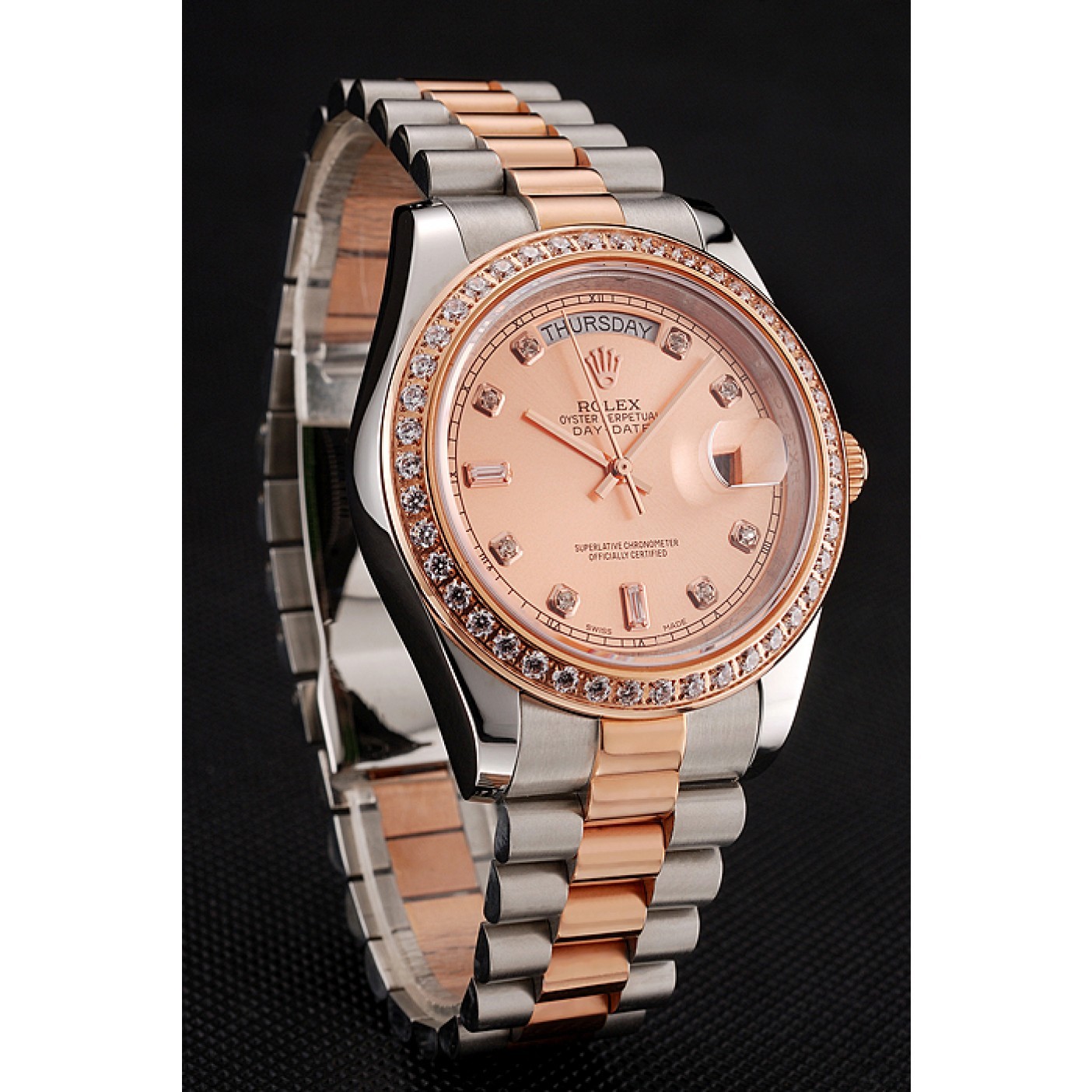 MiroTime Swiss Rolex Day-Date Diamonds Bezel Rose Gold And Staineless Steel Bracelet 1454107