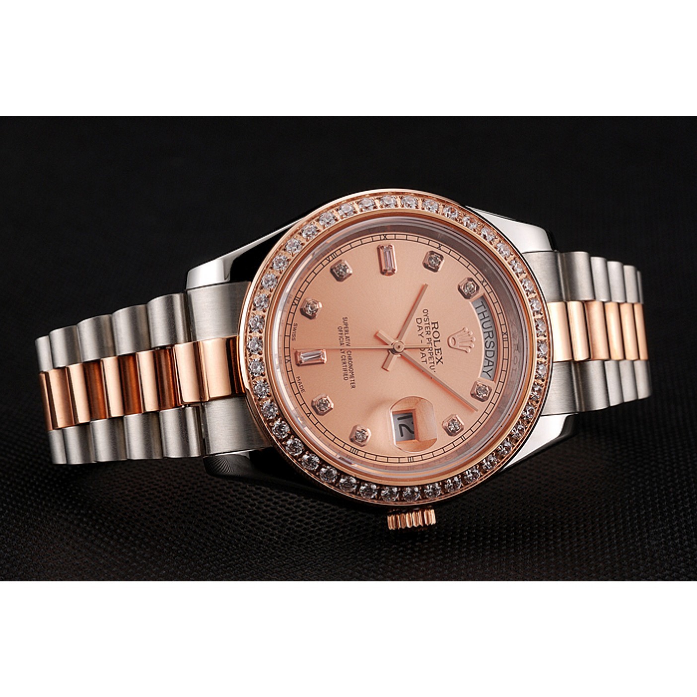 MiroTime Swiss Rolex Day-Date Diamonds Bezel Rose Gold And Staineless Steel Bracelet 1454107