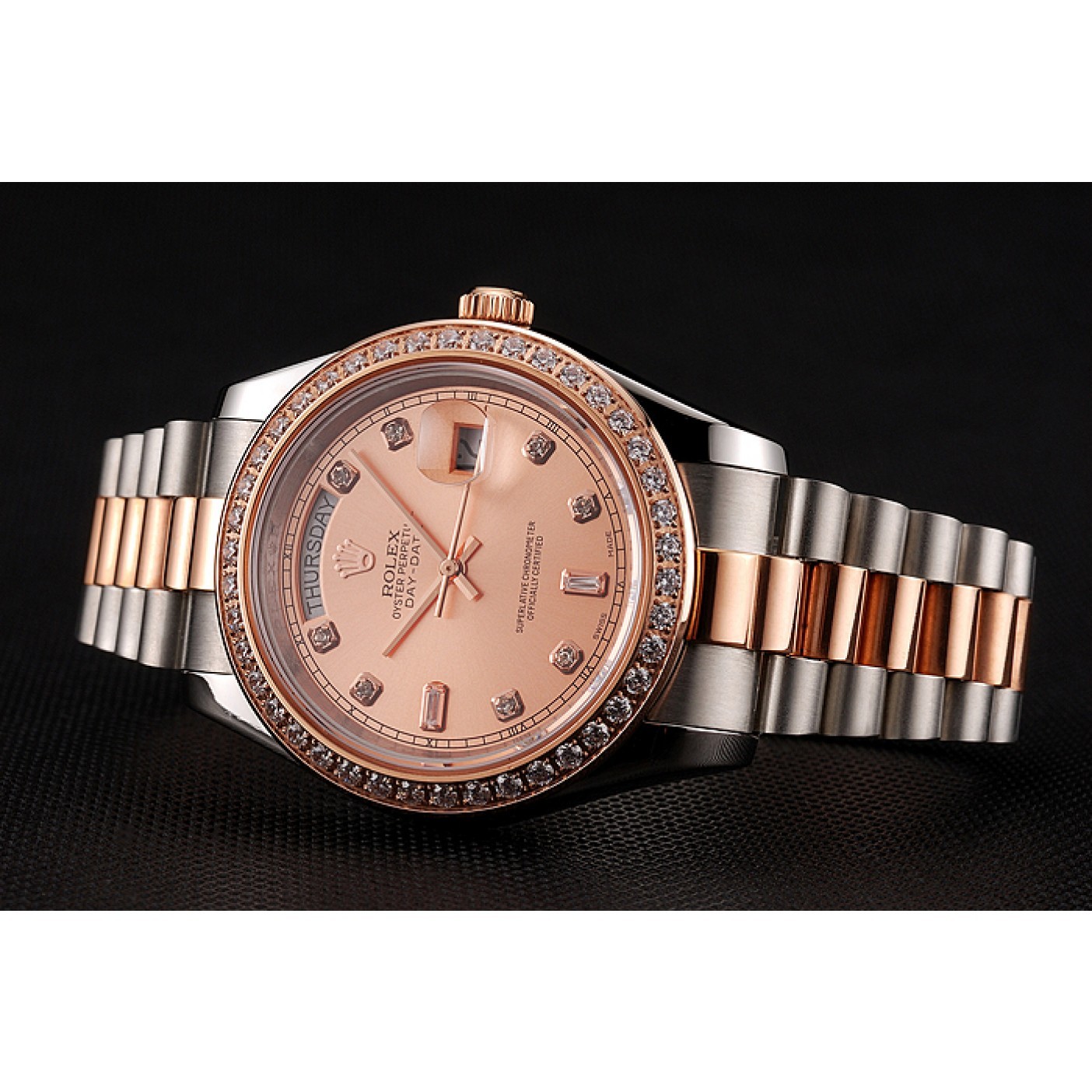 MiroTime Swiss Rolex Day-Date Diamonds Bezel Rose Gold And Staineless Steel Bracelet 1454107
