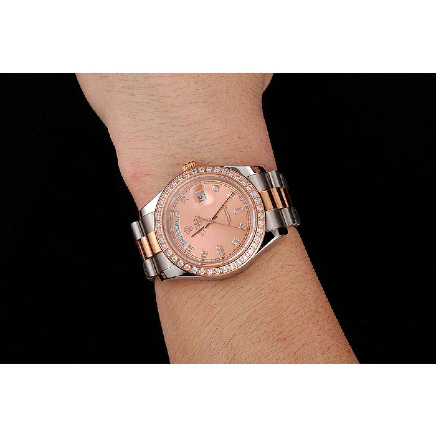MiroTime Swiss Rolex Day-Date Diamonds Bezel Rose Gold And Staineless Steel Bracelet 1454107