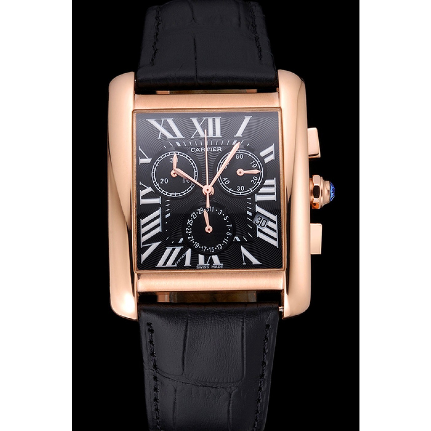 MiroTime Cartier Tank MC Black Dial Gold Case Black Leather Bracelet 622694