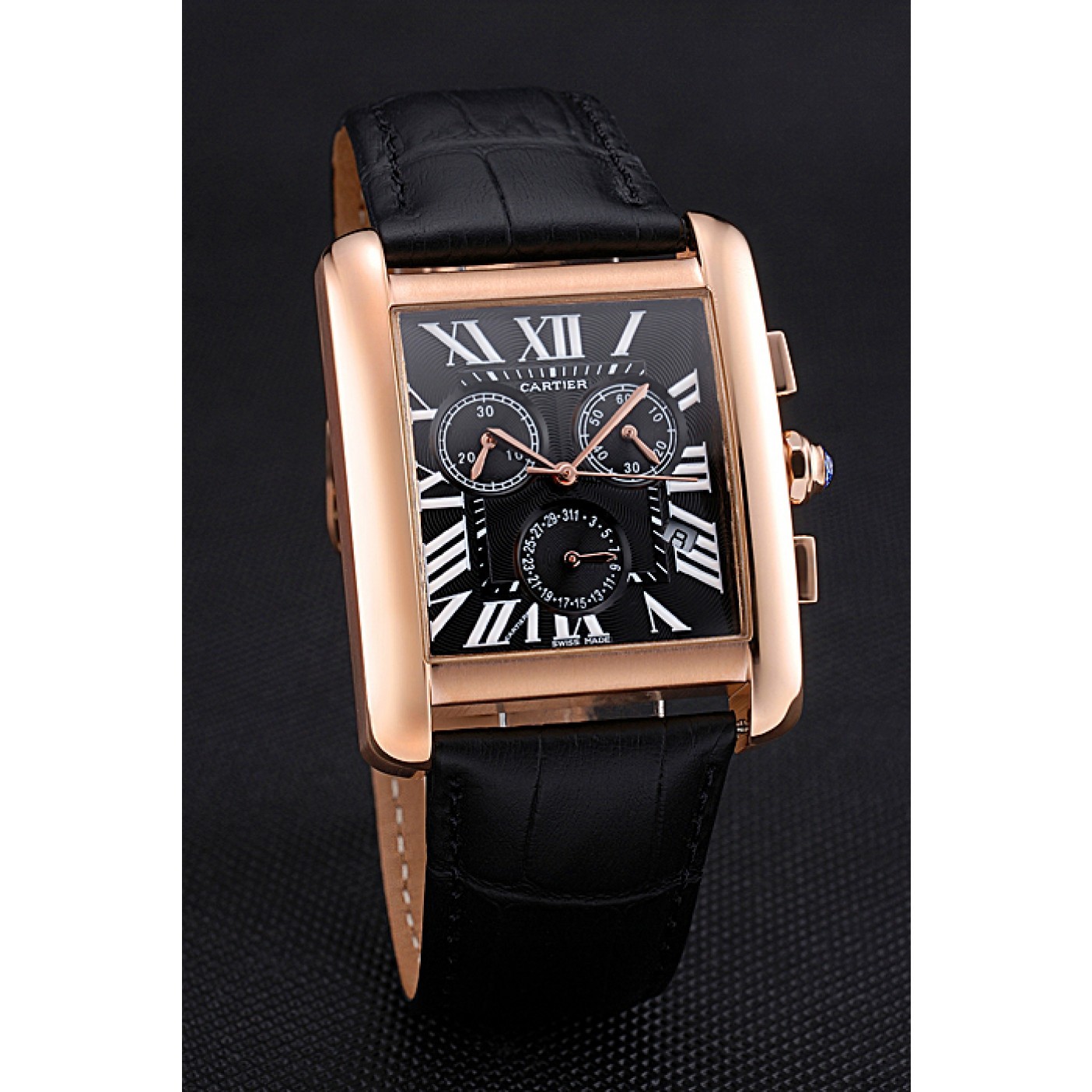 MiroTime Cartier Tank MC Black Dial Gold Case Black Leather Bracelet 622694