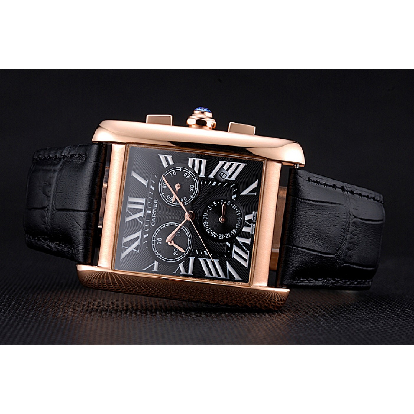 MiroTime Cartier Tank MC Black Dial Gold Case Black Leather Bracelet 622694
