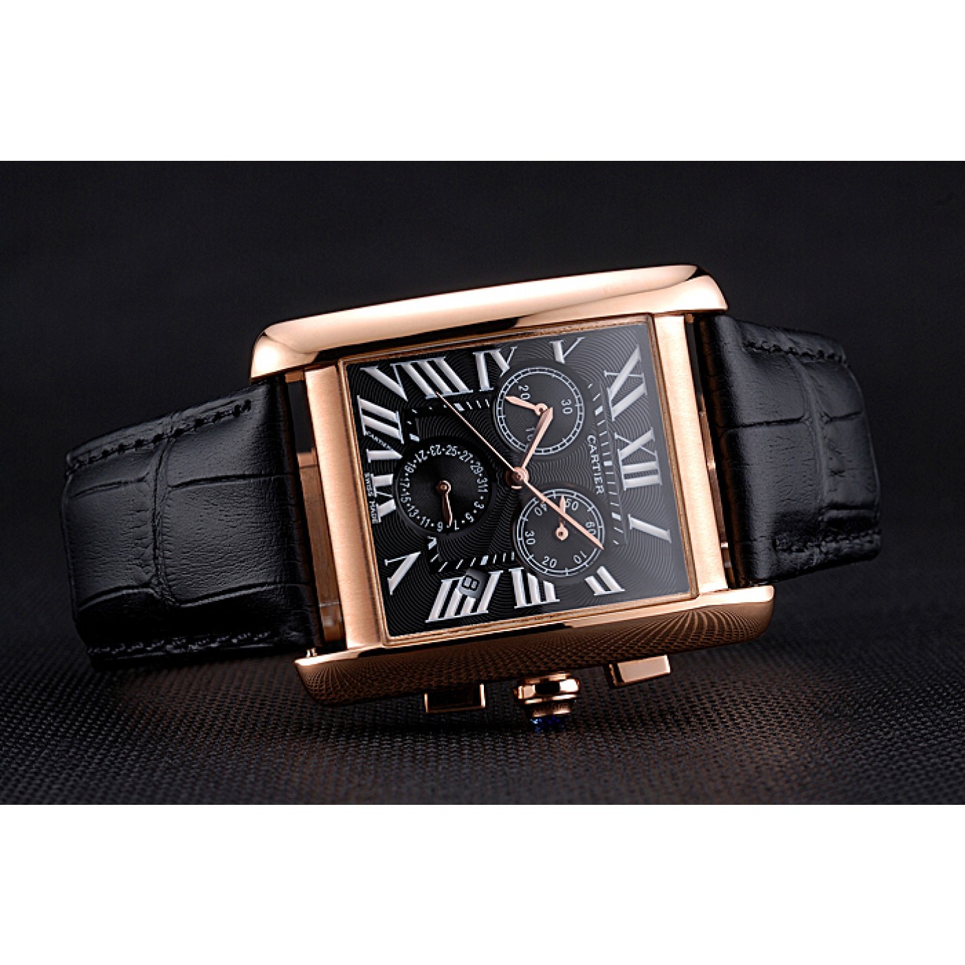 MiroTime Cartier Tank MC Black Dial Gold Case Black Leather Bracelet 622694
