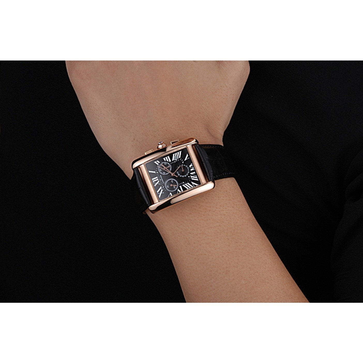 MiroTime Cartier Tank MC Black Dial Gold Case Black Leather Bracelet 622694