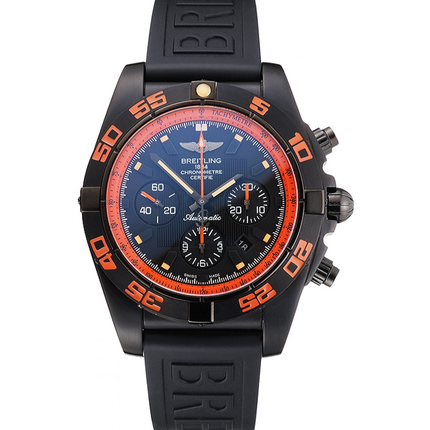 MiroTime Swiss Breitling Chronomat 44 Raven Black And Orange Dial Black Case Black Rubber Strap