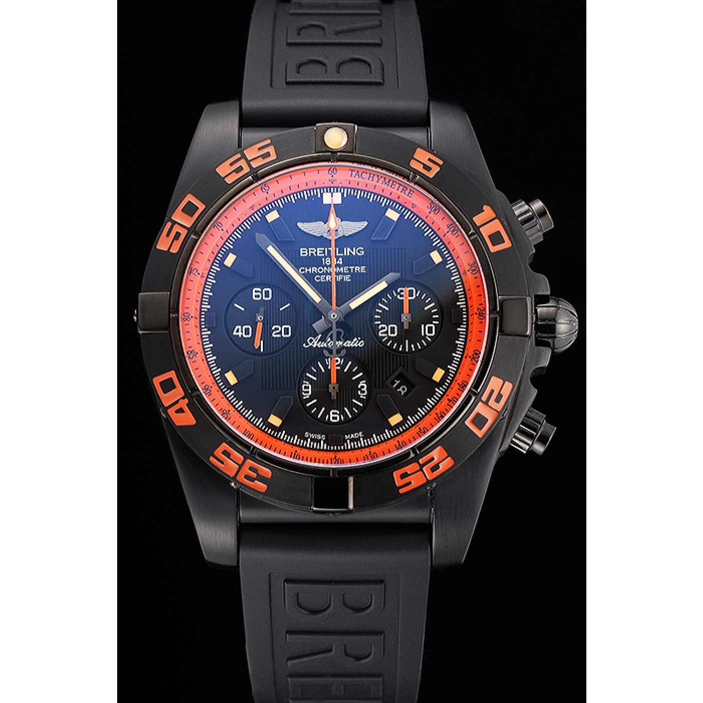 MiroTime Swiss Breitling Chronomat 44 Raven Black And Orange Dial Black Case Black Rubber Strap