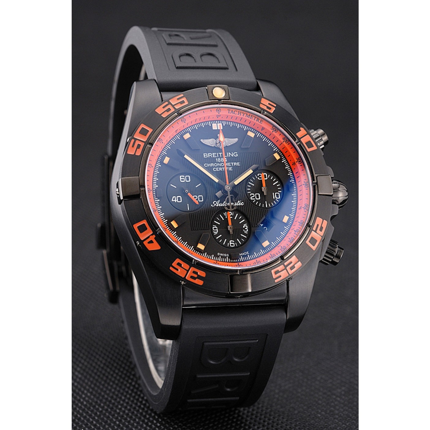 MiroTime Swiss Breitling Chronomat 44 Raven Black And Orange Dial Black Case Black Rubber Strap