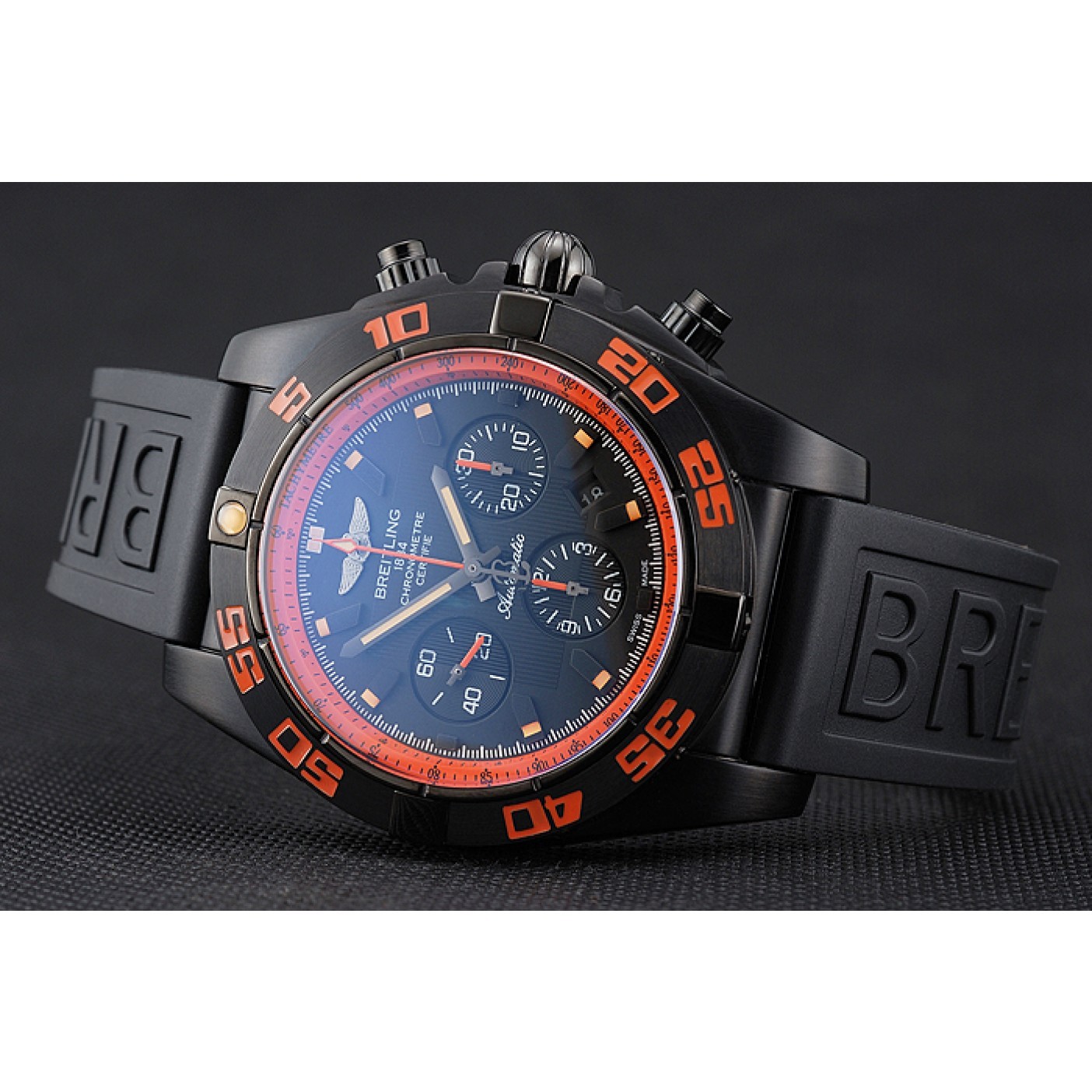 MiroTime Swiss Breitling Chronomat 44 Raven Black And Orange Dial Black Case Black Rubber Strap