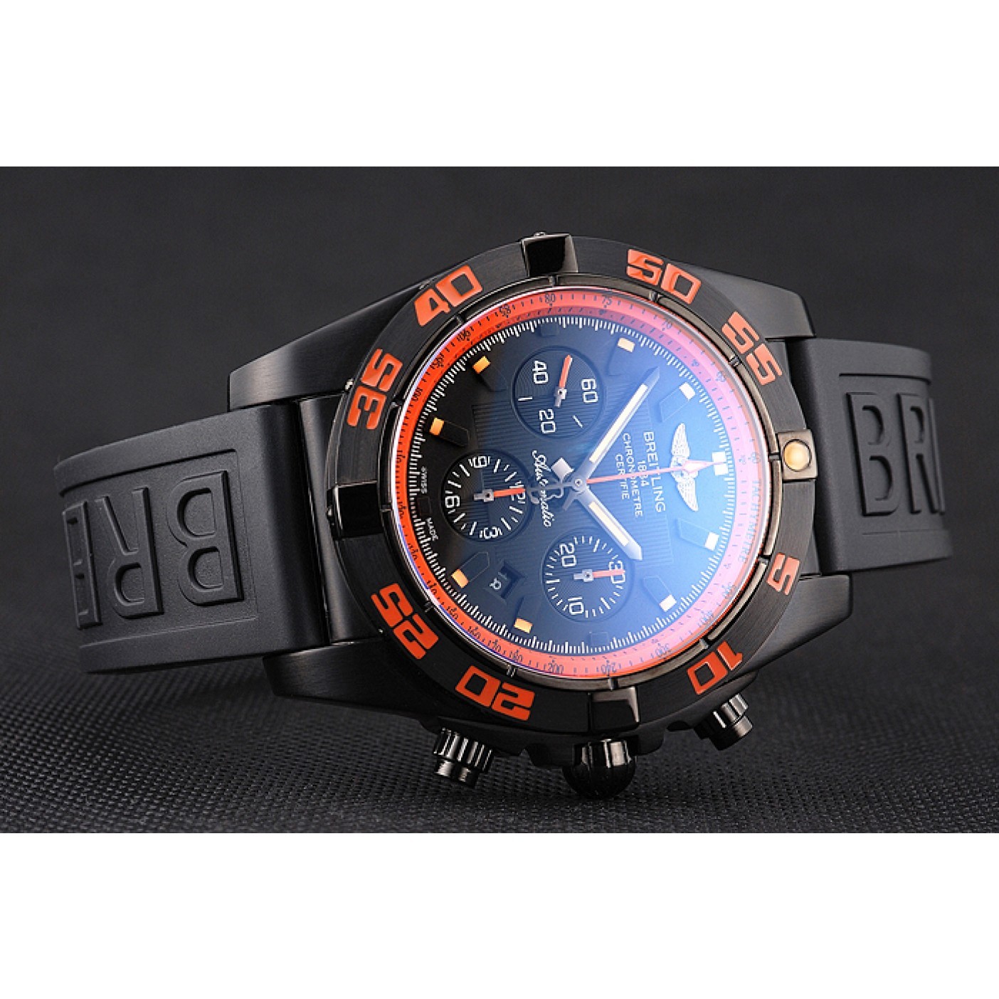 MiroTime Swiss Breitling Chronomat 44 Raven Black And Orange Dial Black Case Black Rubber Strap