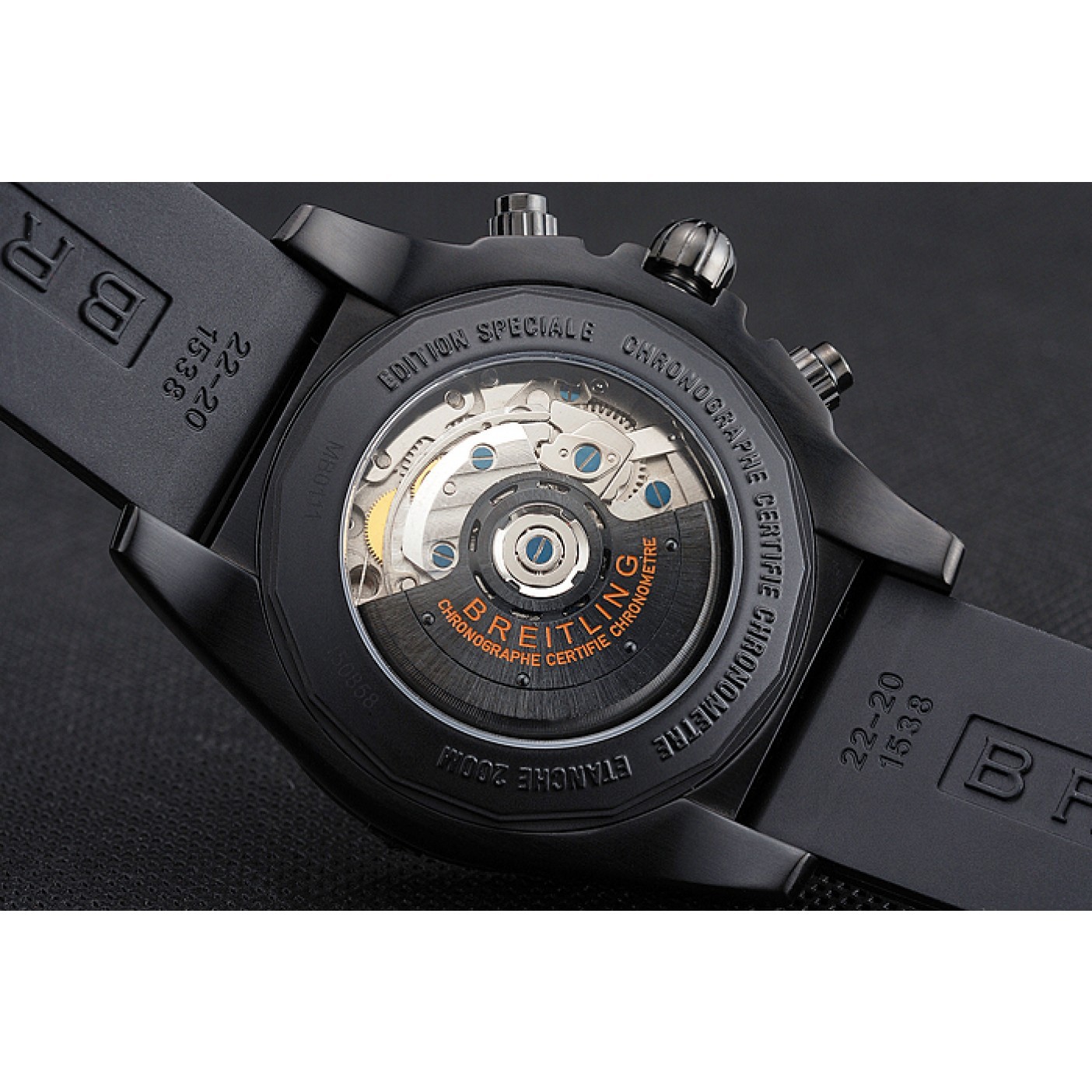 MiroTime Swiss Breitling Chronomat 44 Raven Black And Orange Dial Black Case Black Rubber Strap