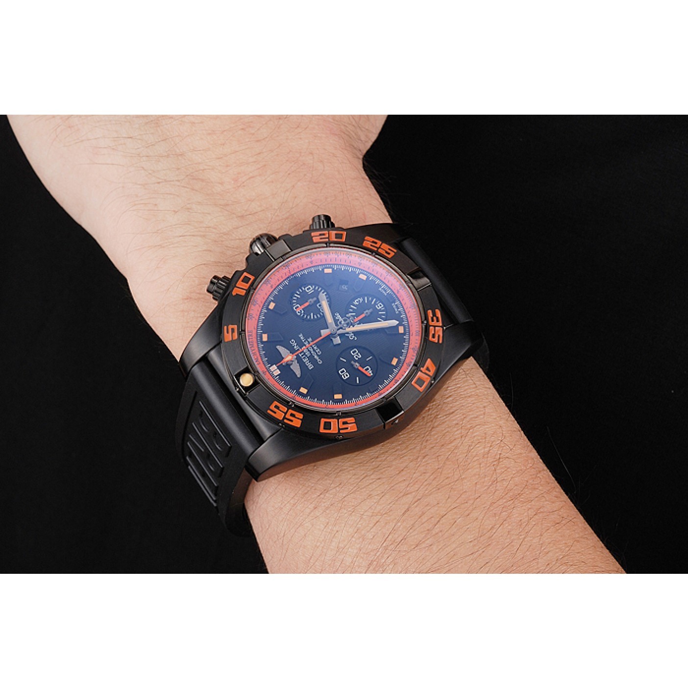 MiroTime Swiss Breitling Chronomat 44 Raven Black And Orange Dial Black Case Black Rubber Strap