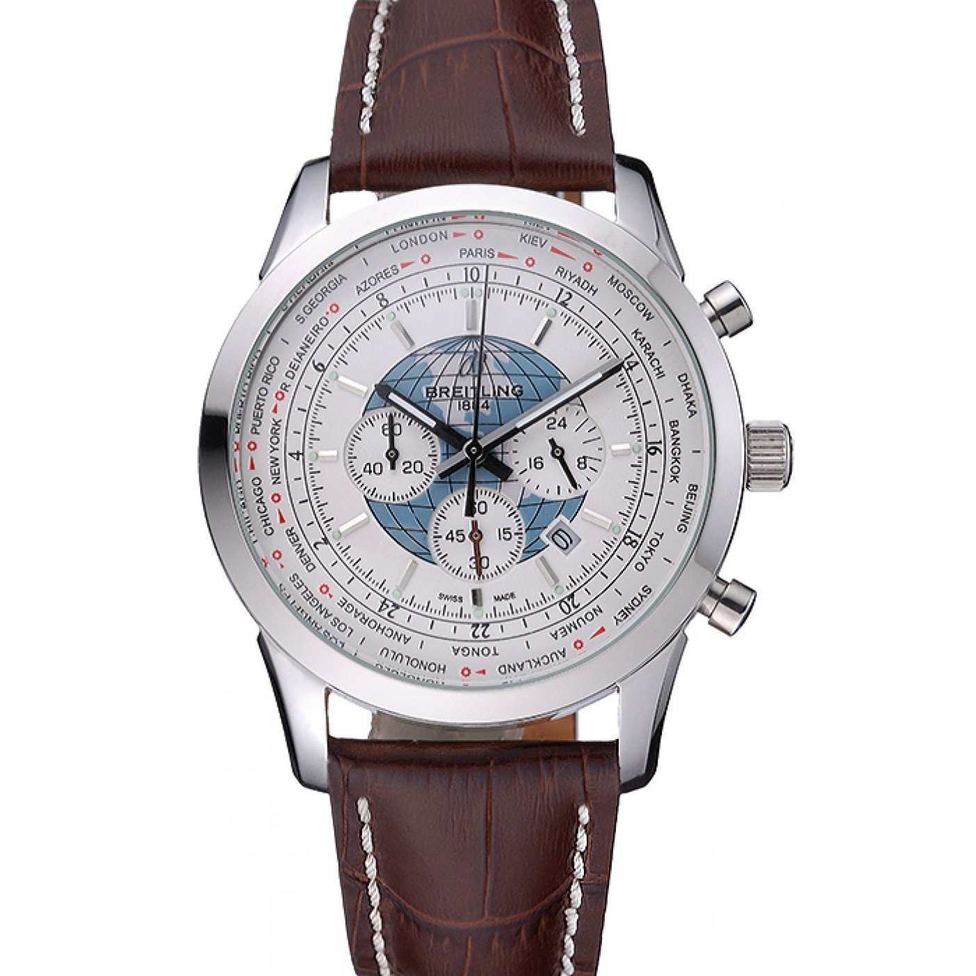 MiroTime Breitling Transocean Chronograph Unitime White Dial Stainless Steel Case Brown Leather Bracelet 622244