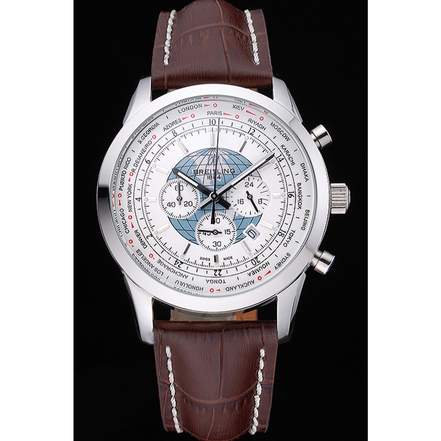 MiroTime Breitling Transocean Chronograph Unitime White Dial Stainless Steel Case Brown Leather Bracelet 622244