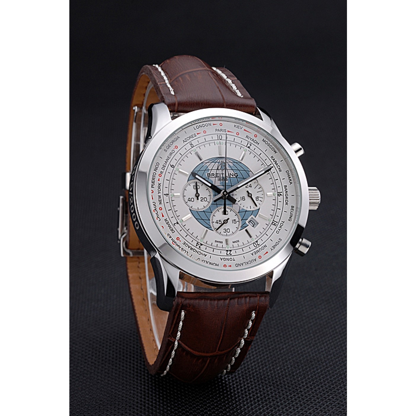 MiroTime Breitling Transocean Chronograph Unitime White Dial Stainless Steel Case Brown Leather Bracelet 622244