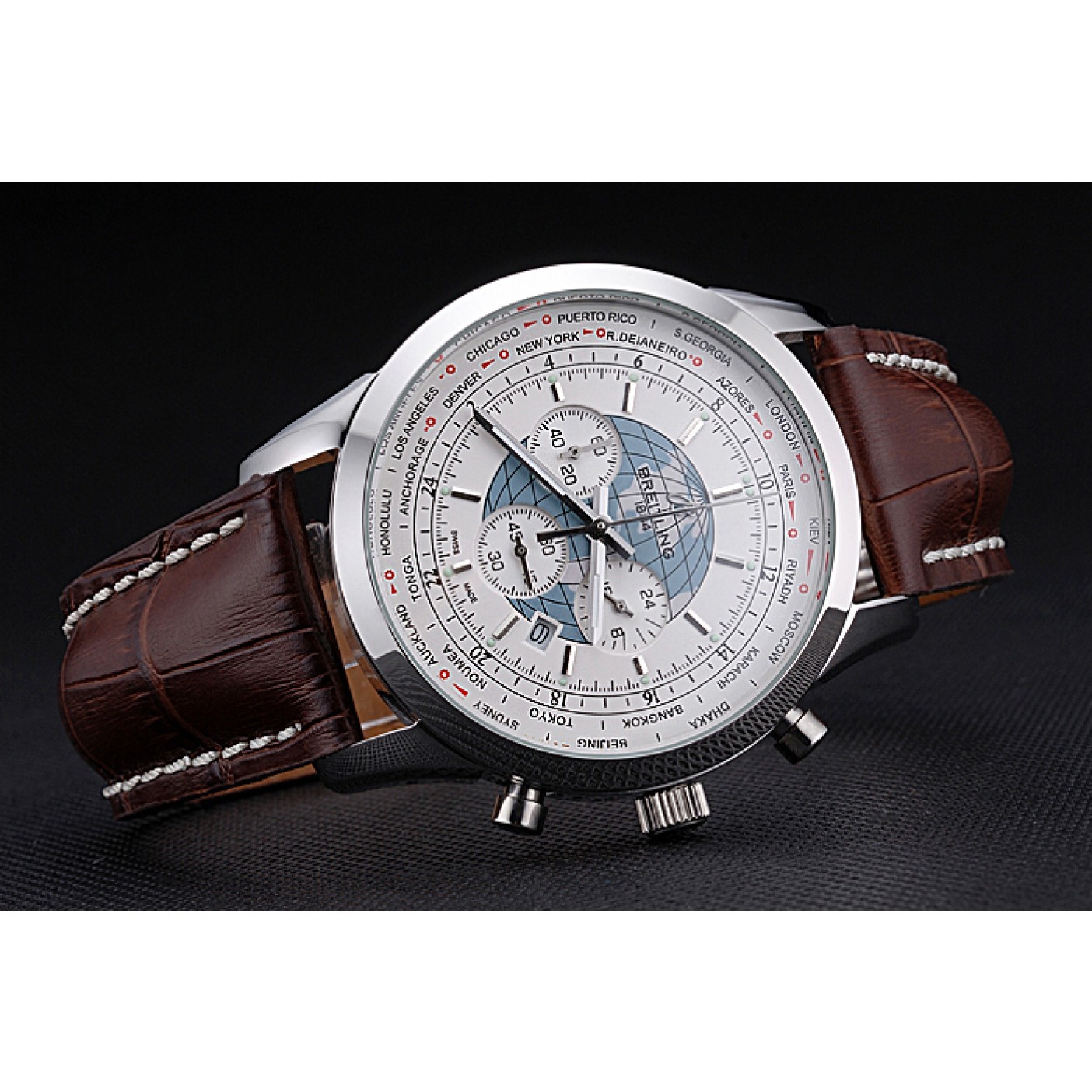 MiroTime Breitling Transocean Chronograph Unitime White Dial Stainless Steel Case Brown Leather Bracelet 622244