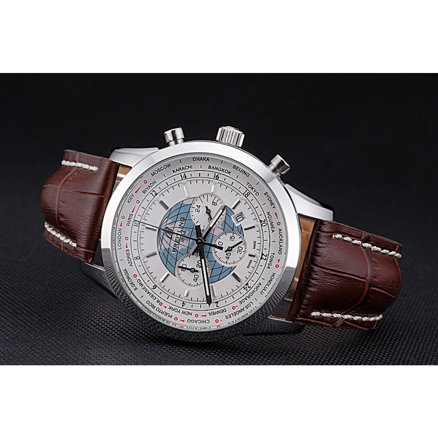 MiroTime Breitling Transocean Chronograph Unitime White Dial Stainless Steel Case Brown Leather Bracelet 622244