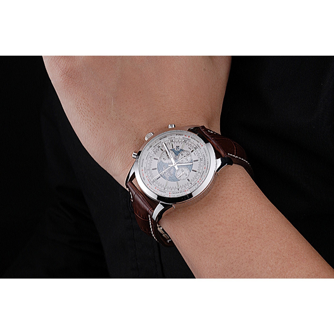 MiroTime Breitling Transocean Chronograph Unitime White Dial Stainless Steel Case Brown Leather Bracelet 622244