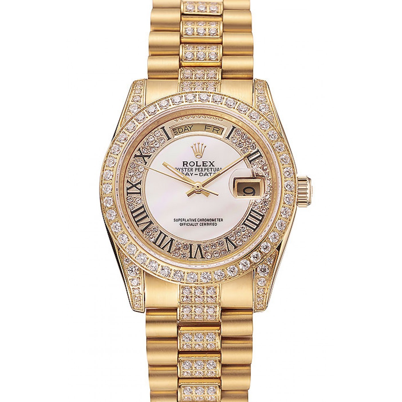 MiroTime Swiss Rolex Day-Date Diamond Pave White Dial Gold Diamond Bracelet 1453958