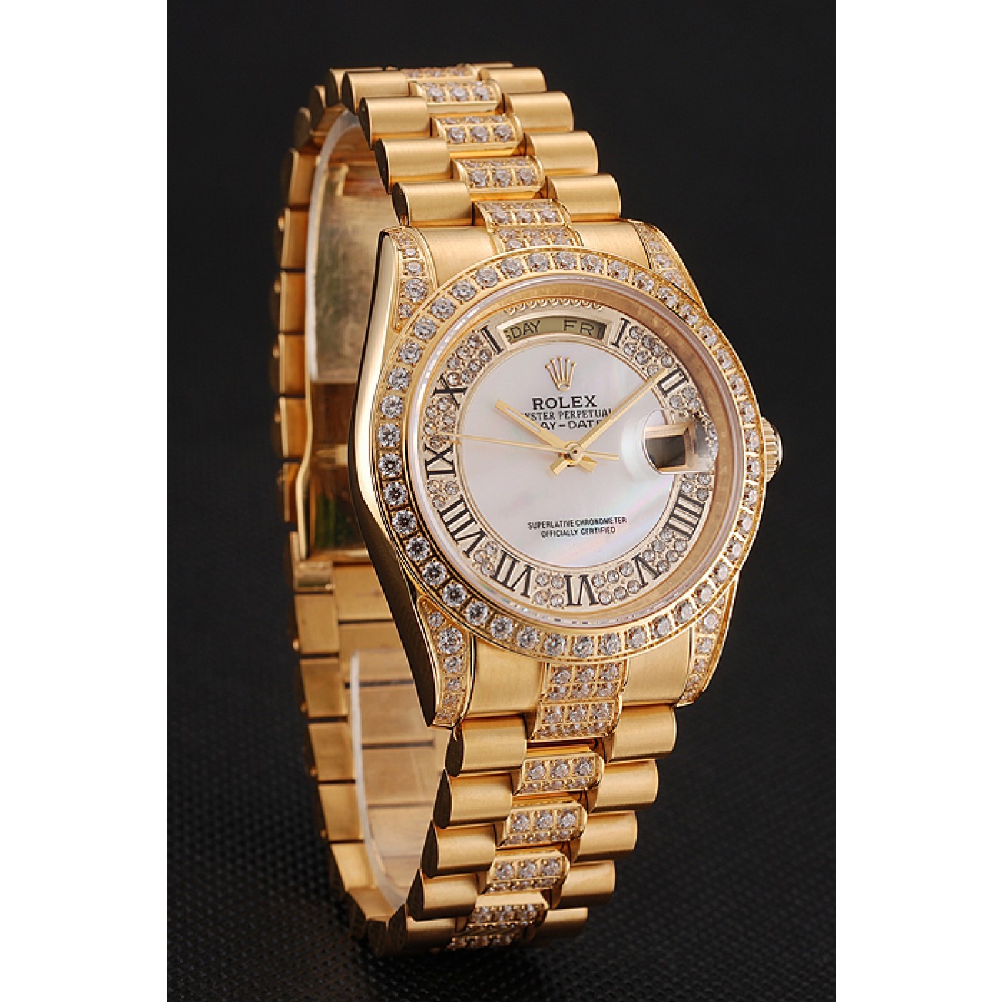 MiroTime Swiss Rolex Day-Date Diamond Pave White Dial Gold Diamond Bracelet 1453958