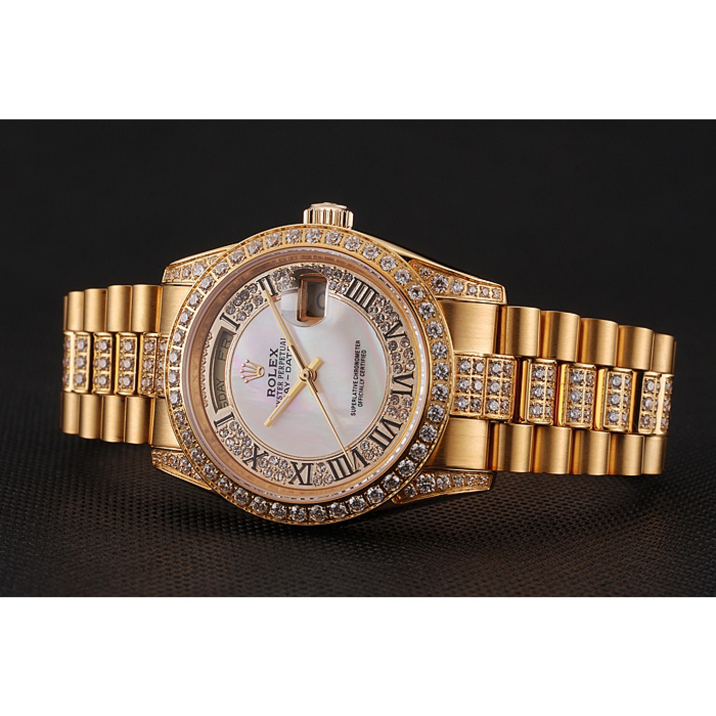 MiroTime Swiss Rolex Day-Date Diamond Pave White Dial Gold Diamond Bracelet 1453958