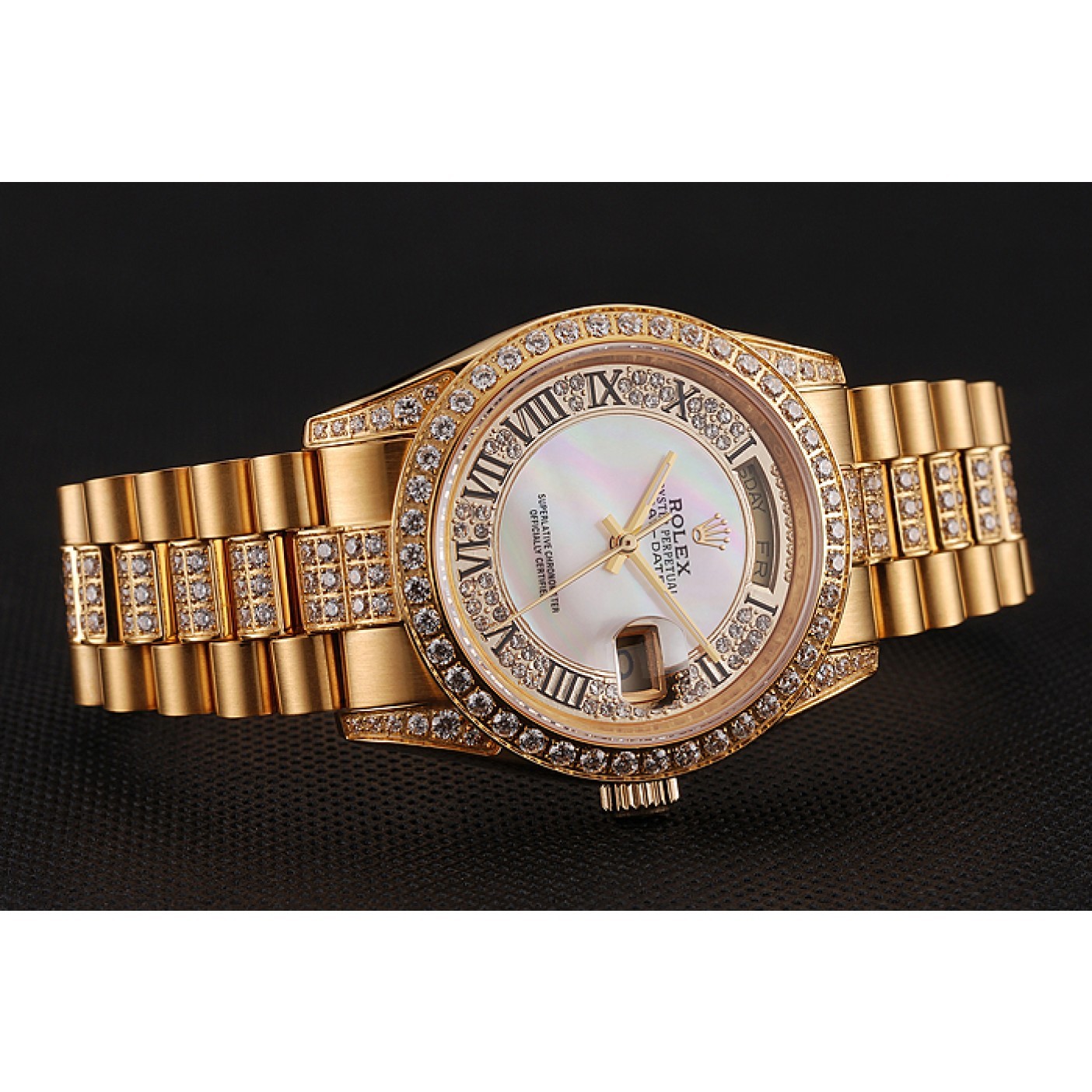 MiroTime Swiss Rolex Day-Date Diamond Pave White Dial Gold Diamond Bracelet 1453958