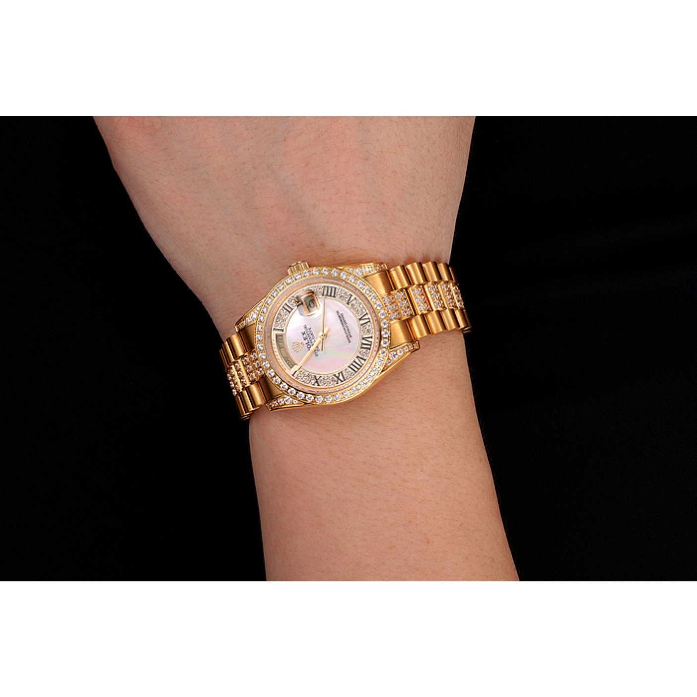 MiroTime Swiss Rolex Day-Date Diamond Pave White Dial Gold Diamond Bracelet 1453958