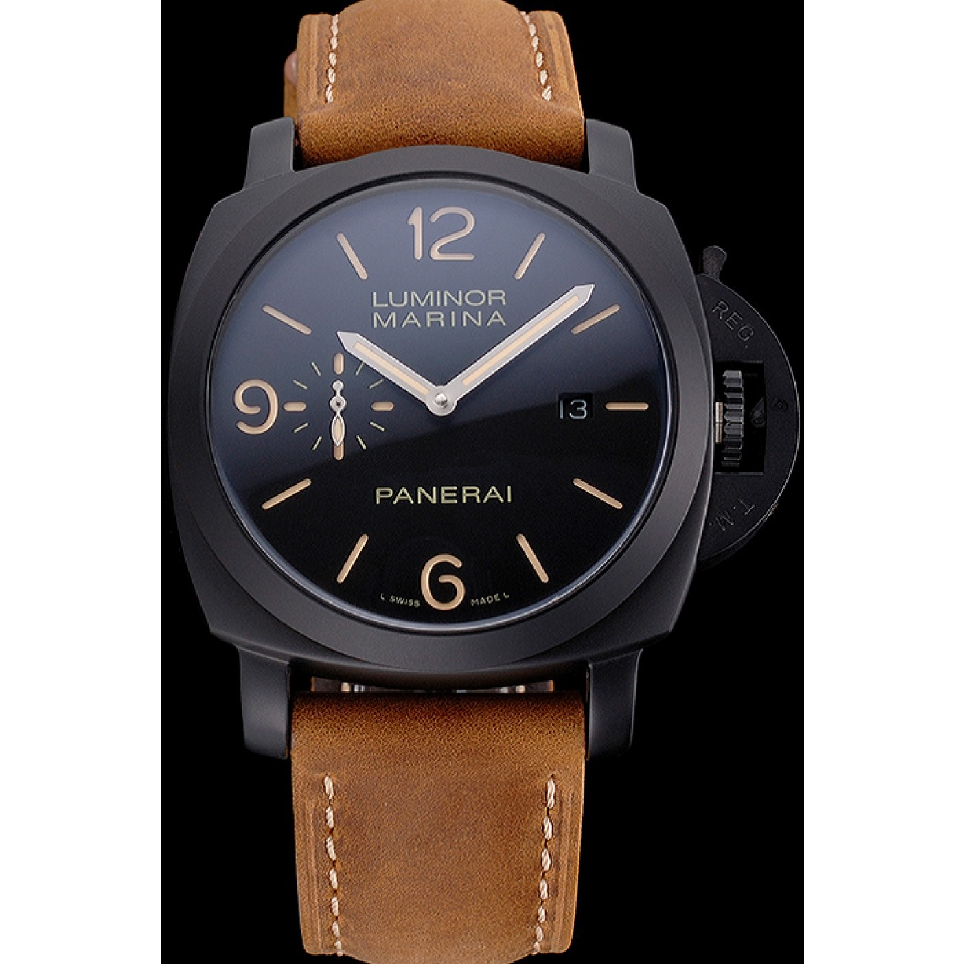 MiroTime Panerai Luminor Marina Black Dial Matte Black Steel Case Brown Suede Leather Strap