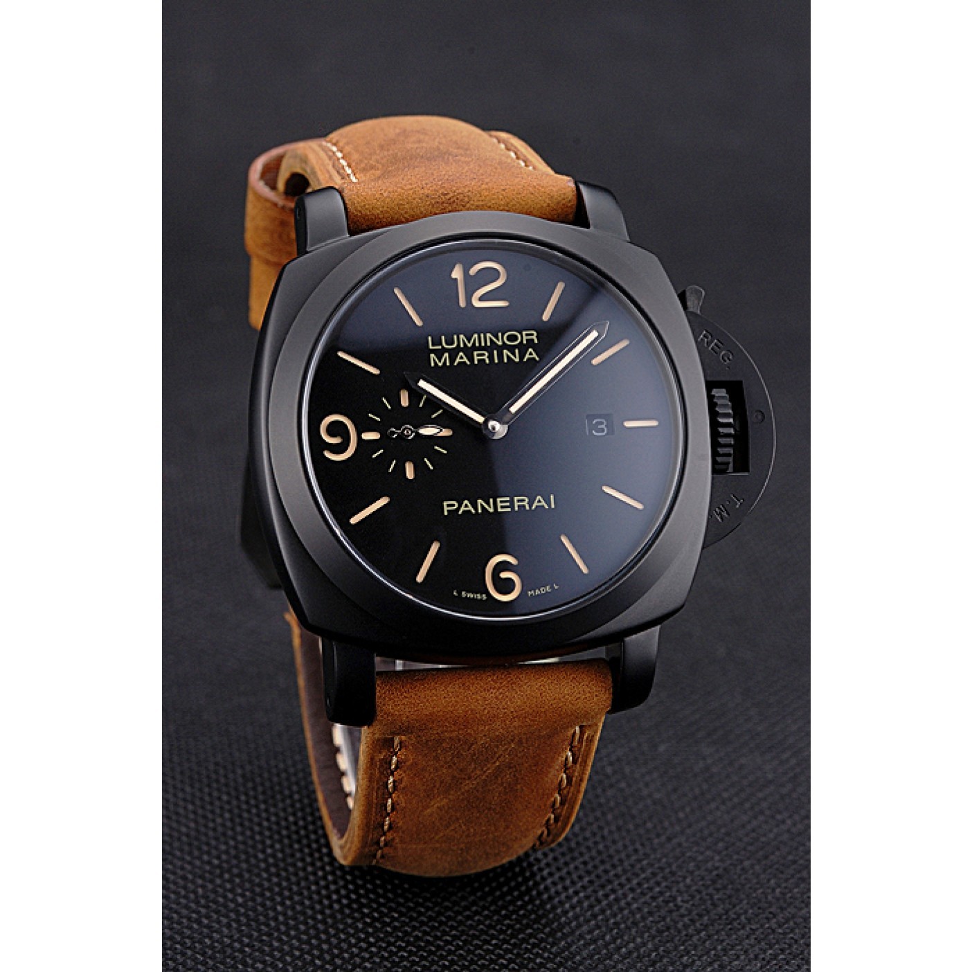 MiroTime Panerai Luminor Marina Black Dial Matte Black Steel Case Brown Suede Leather Strap