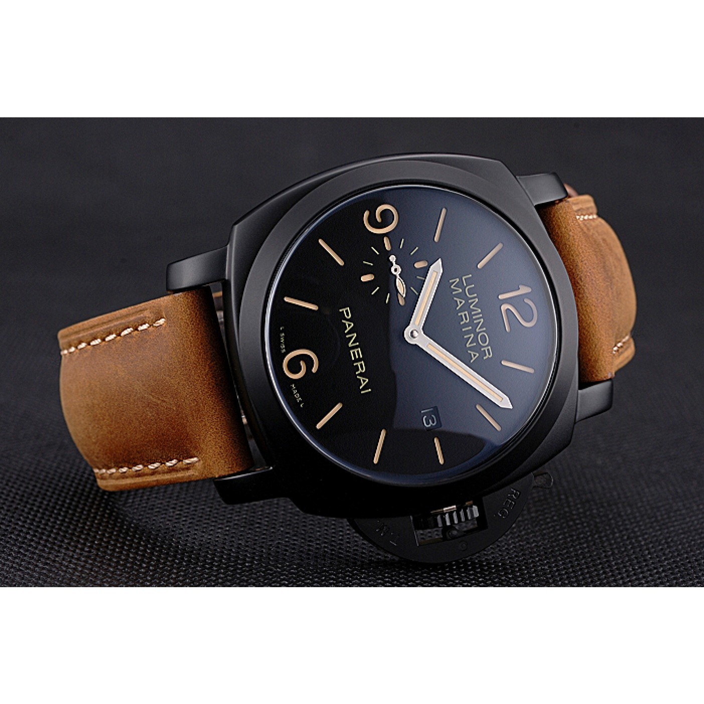 MiroTime Panerai Luminor Marina Black Dial Matte Black Steel Case Brown Suede Leather Strap