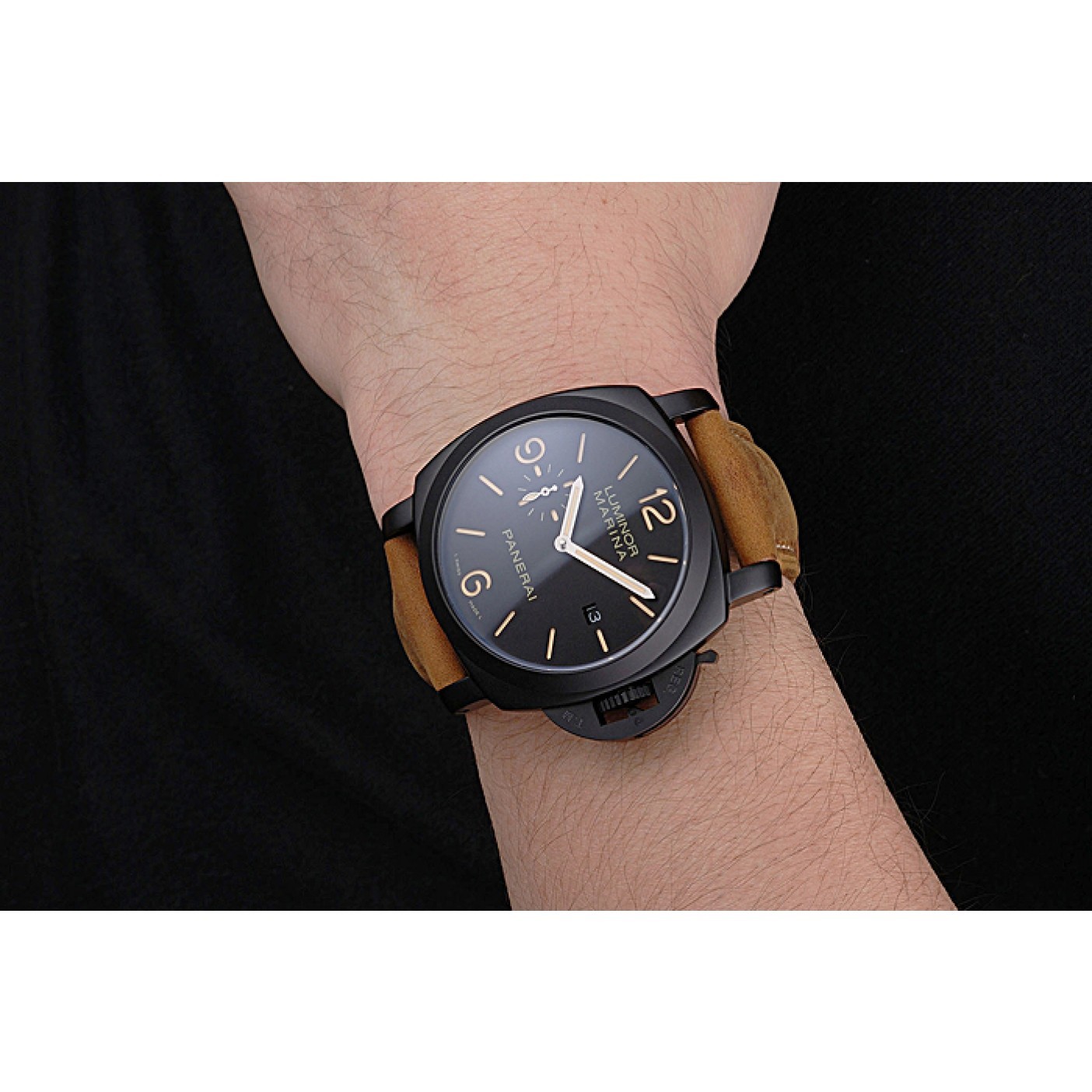 MiroTime Panerai Luminor Marina Black Dial Matte Black Steel Case Brown Suede Leather Strap