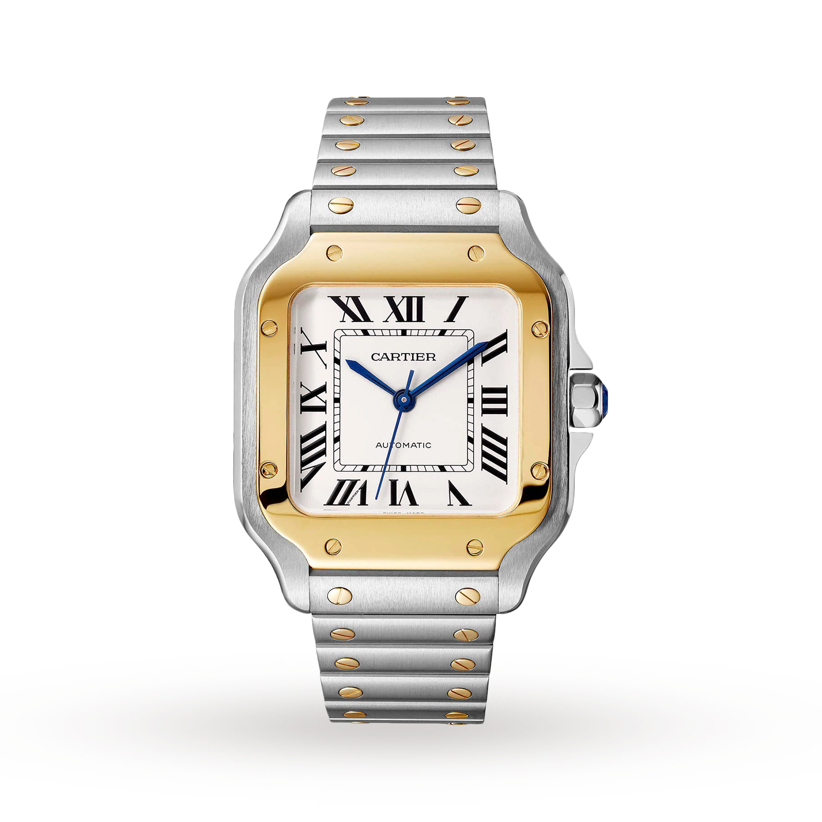 MiroTime Swiss Santos de Cartier watch, Medium model, automatic, yellow gold and steel, interchangeable metal and leather bracelets