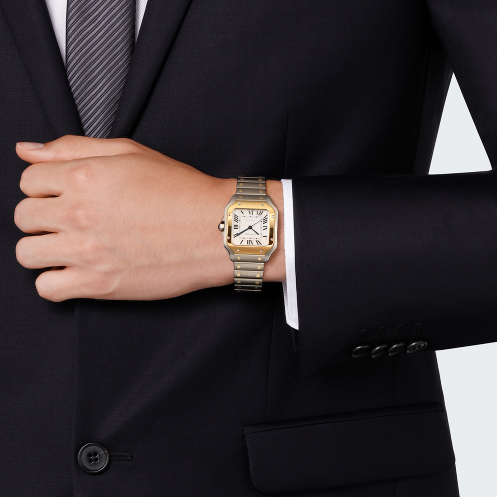 MiroTime Swiss Santos de Cartier watch, Medium model, automatic, yellow gold and steel, interchangeable metal and leather bracelets