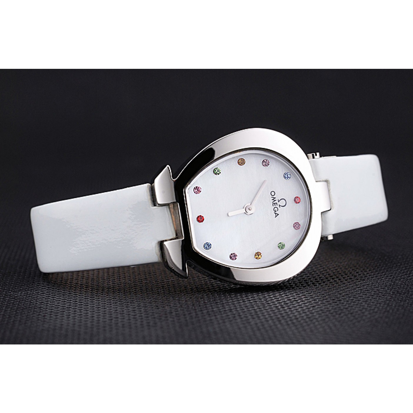 MiroTime Omega Ladies Watch White Dial With Jewels Stainless Steel Case White Leather Strap 622817