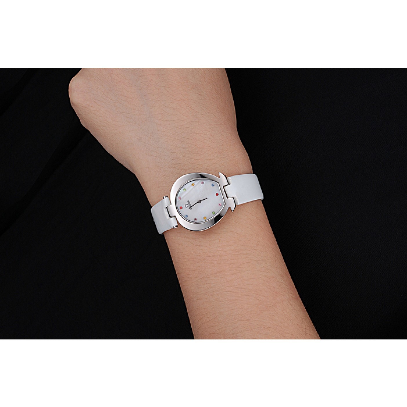 MiroTime Omega Ladies Watch White Dial With Jewels Stainless Steel Case White Leather Strap 622817