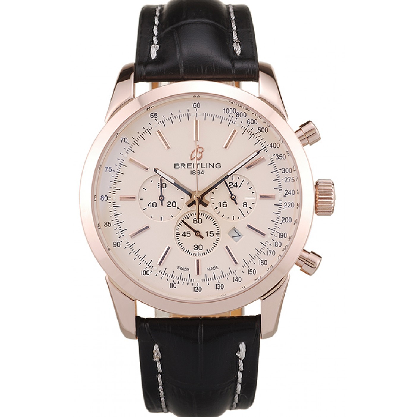 MiroTime Breitling Transocean White Dial Black Leather Strap Rose Gold Bezel 98206