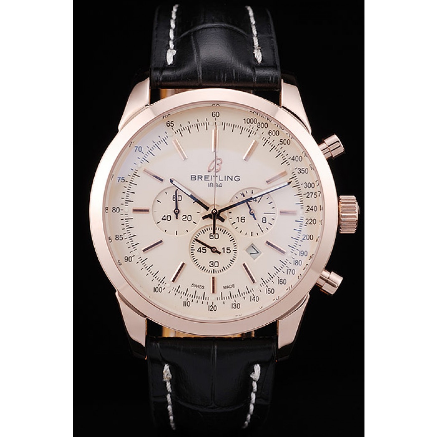 MiroTime Breitling Transocean White Dial Black Leather Strap Rose Gold Bezel 98206