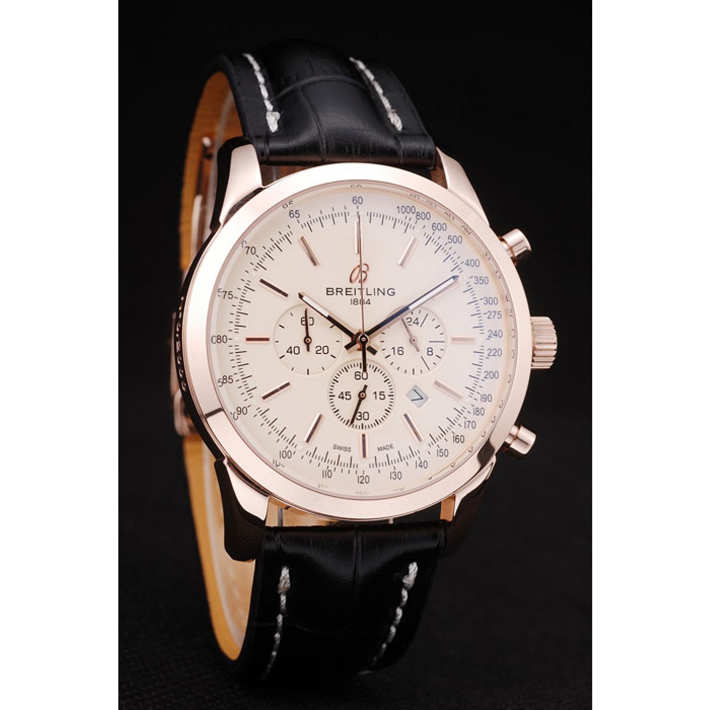 MiroTime Breitling Transocean White Dial Black Leather Strap Rose Gold Bezel 98206