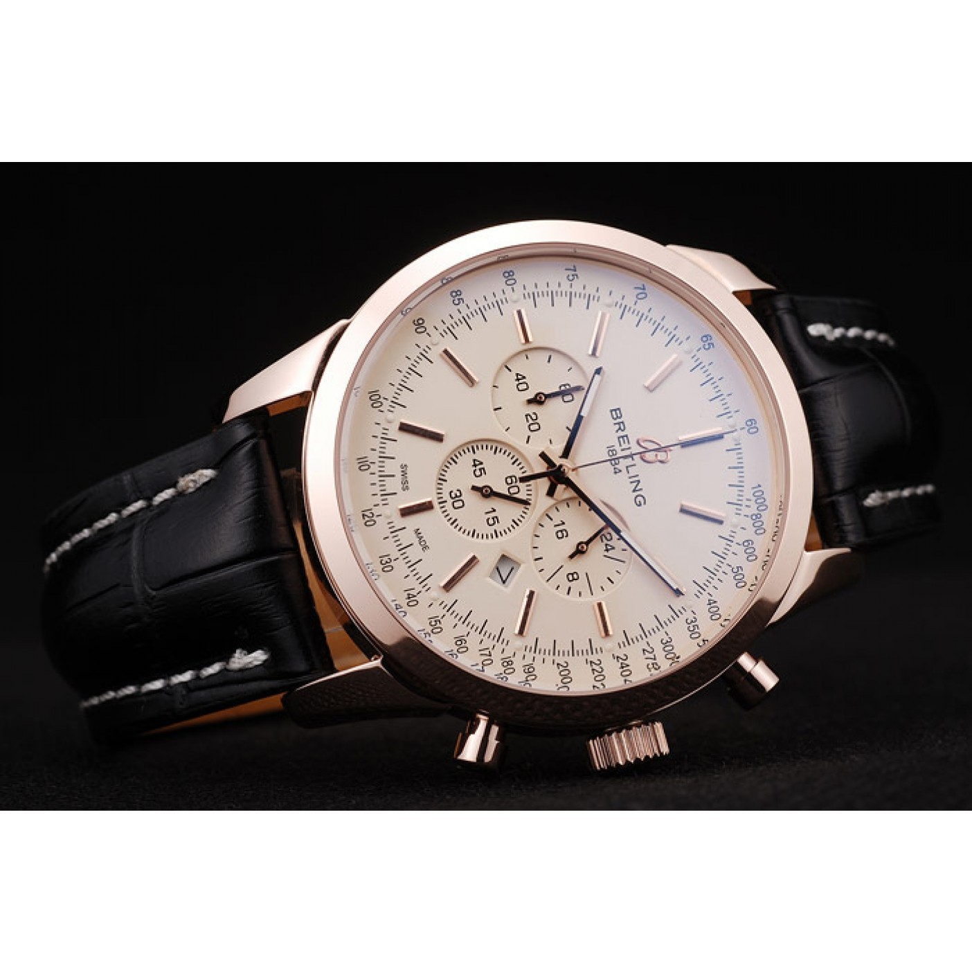 MiroTime Breitling Transocean White Dial Black Leather Strap Rose Gold Bezel 98206