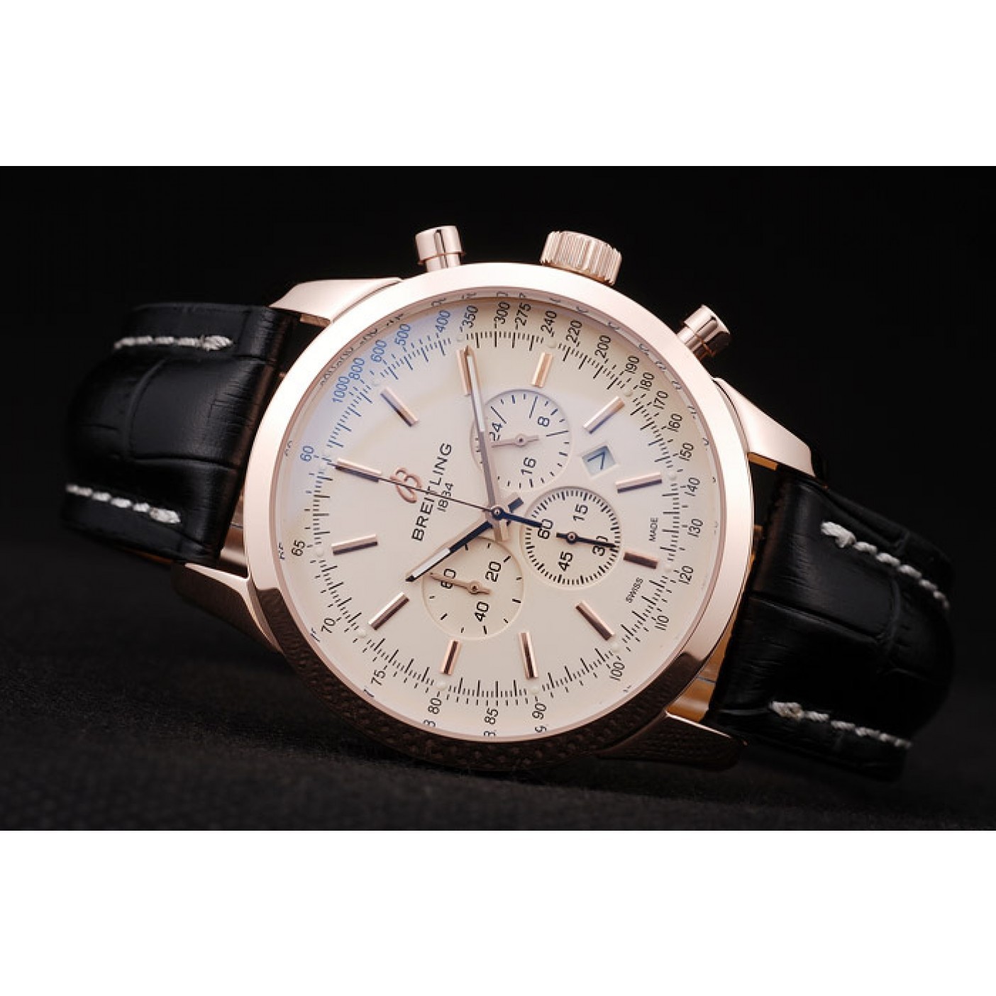 MiroTime Breitling Transocean White Dial Black Leather Strap Rose Gold Bezel 98206