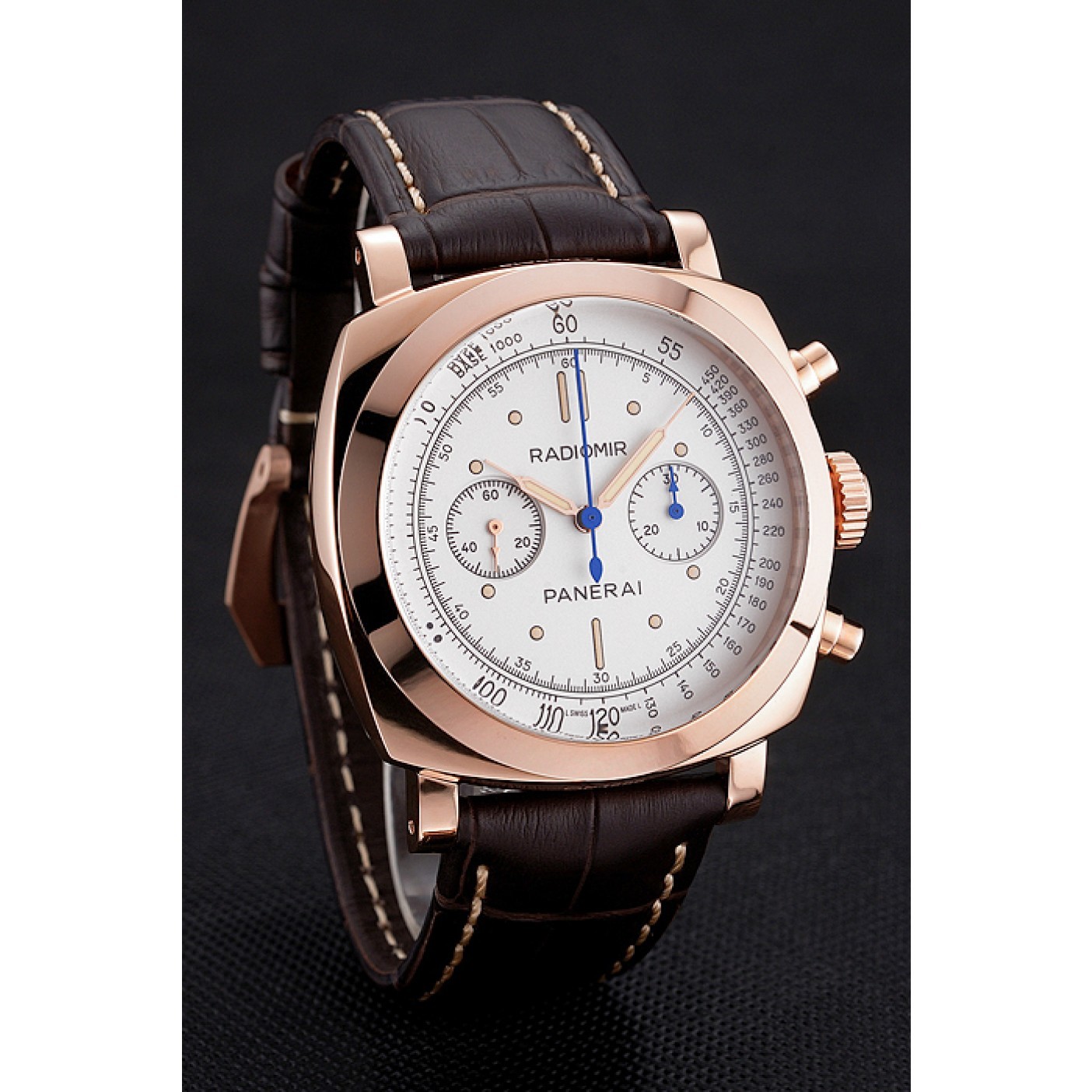 MiroTime Swiss Panerai Radiomir 1940 Chronograph White Dial Rose Gold Case Brown Leather Strap
