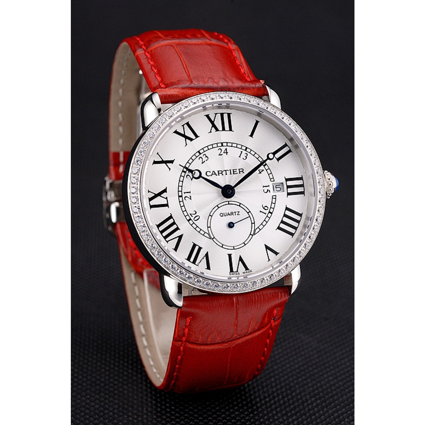MiroTime Cartier Ronde Louis Cartier White Dial Stainless Steel Case Diamond Bezel Red Leather Strap