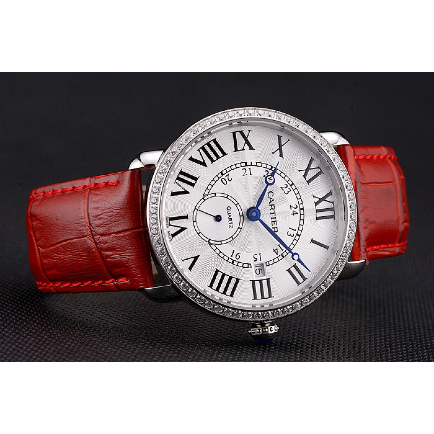 MiroTime Cartier Ronde Louis Cartier White Dial Stainless Steel Case Diamond Bezel Red Leather Strap